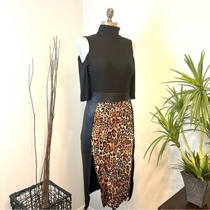 Black and Leopard Print Faux leather and Jersey Stretch Dress Size 10